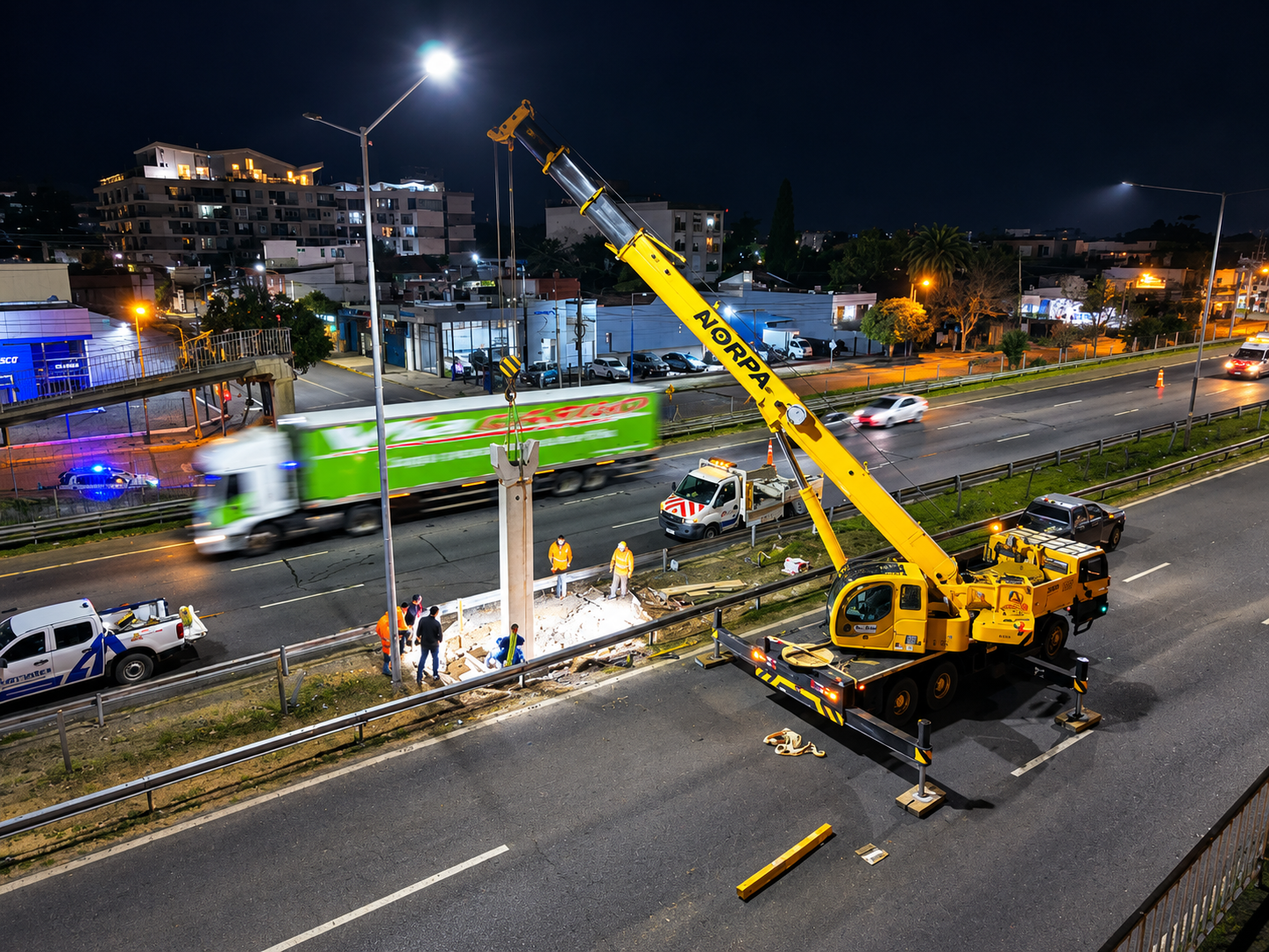 Operativos nocturnos para montar la estructura principal de la nueva pasarela